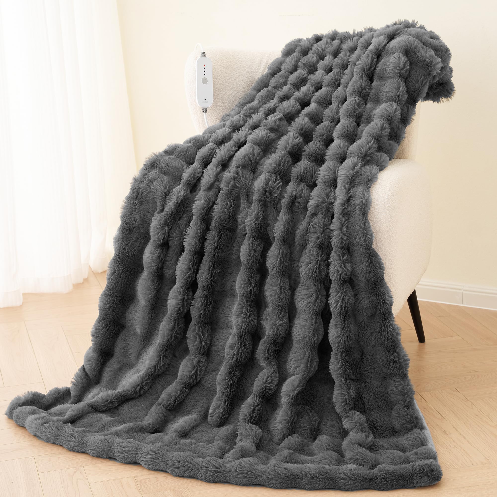 Heated Blanket Electric Throw, 150x200cm Puffy Bubble Electric Blanket , Extra Large Bunny...