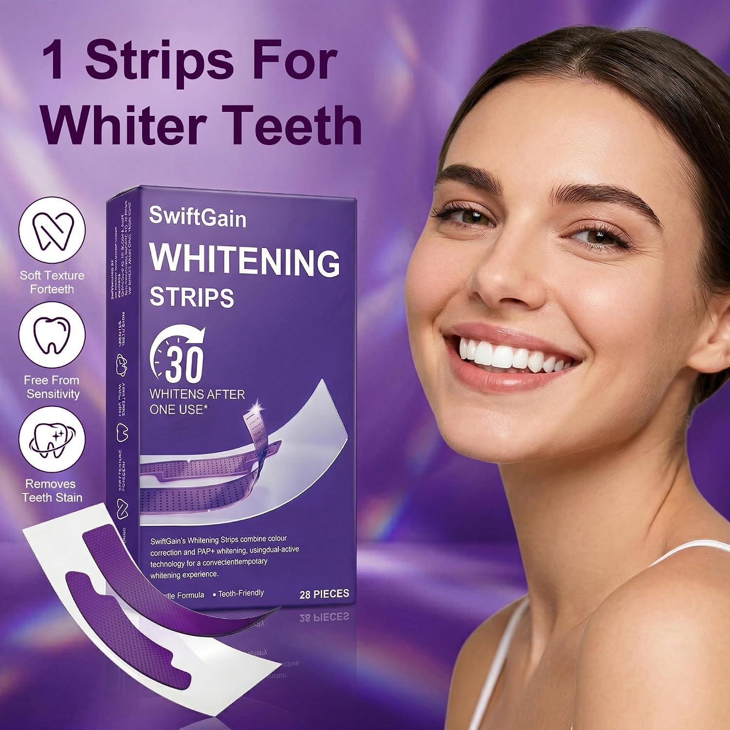 Teeth Whitening Strips | Pain-Free Express Whitening in 30-Mins | Professional Dentist Approved for Sensitive Gums | 14 Treatments （28 Non-Slip Strips） Easy to Use Kit for Bright White Smile