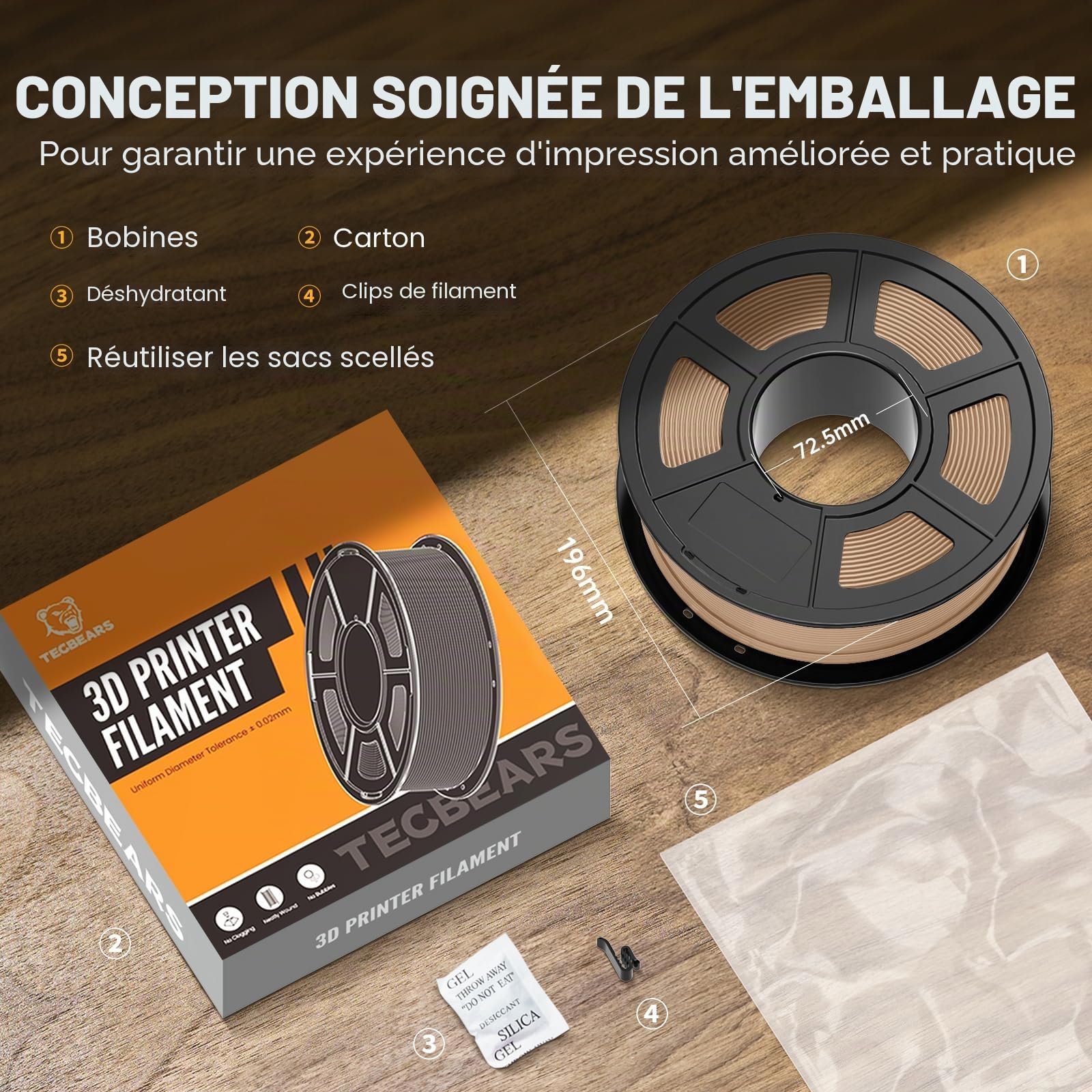 TECBEARS Filament Bois PLA 1.75mm 1KG, Wood Filament Contient 15% de Fibre de Bois, Surface Mate Avec Odeur de Bois, PréCision Dimensionnelle +/- 0.03mm, Bobine de 1000g