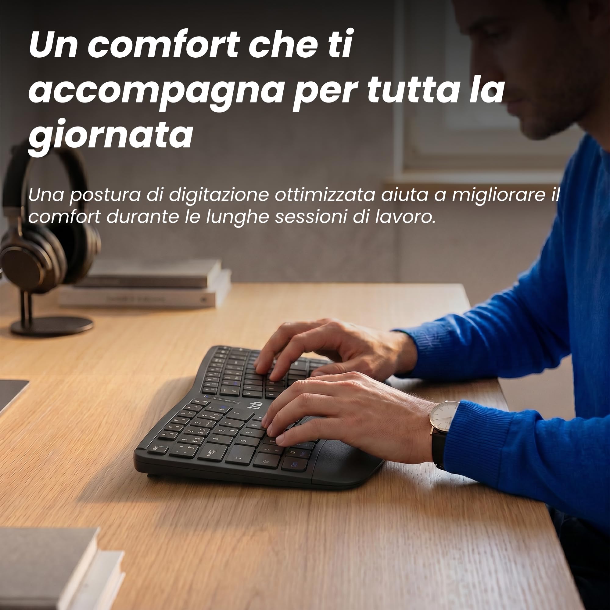 T'nB Ergo Key Pro - Tastiera ergonomica senza fili, doppia connessione | Bluetooth e 2,4 GHz, Poggiapolsi in finta pelle, AZERTY francese, Windows e macOS, nero