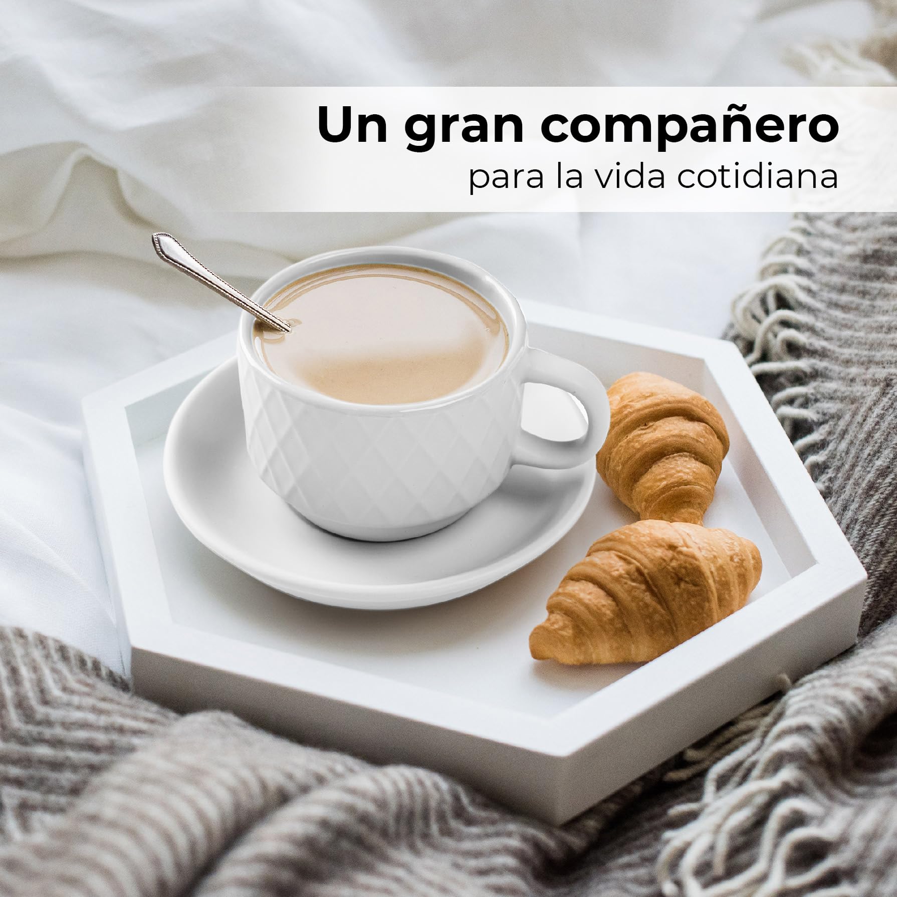 MIAMIO - Set de 6 Tazas Espresso 75 ml con Soporte Cerámica Gres – Tazas Pequeñas para Espresso – Juego Moderno en Blanco – Colección Palmanova, Apta Lavavajillas | Con soporte, apto para lavavajillas, microondas y frigorífico, 6 tazas