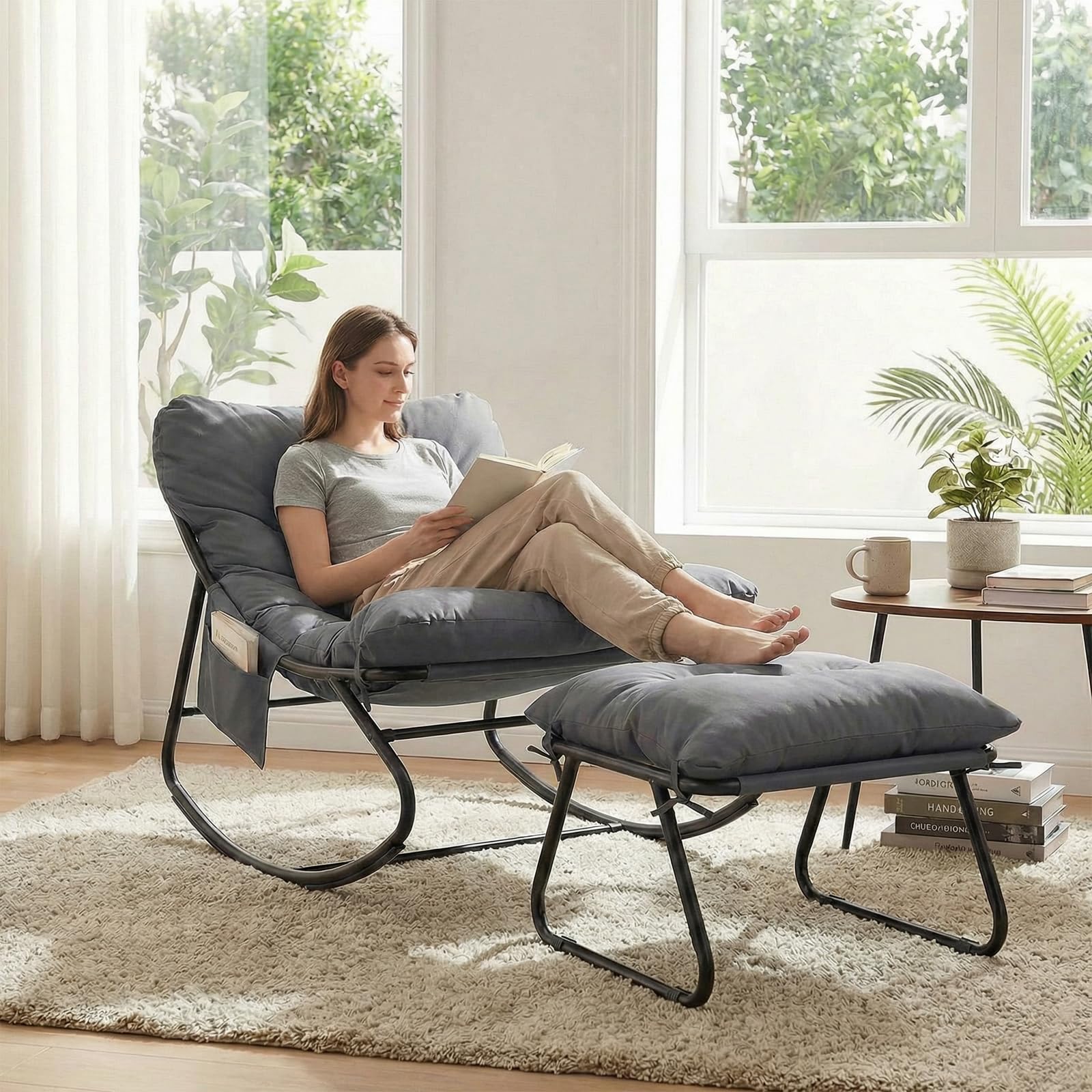LIFERUN Schaukelstuhl mit Hocker, Patio Schaukelliege, Waterproof, 1 PCS | Schaukelsessel mit Gepolsterter, bis 150 kg Belastbar, für Garten Balkon Wohnzimmer Hof Schlafzimmer Terrasse, Grau