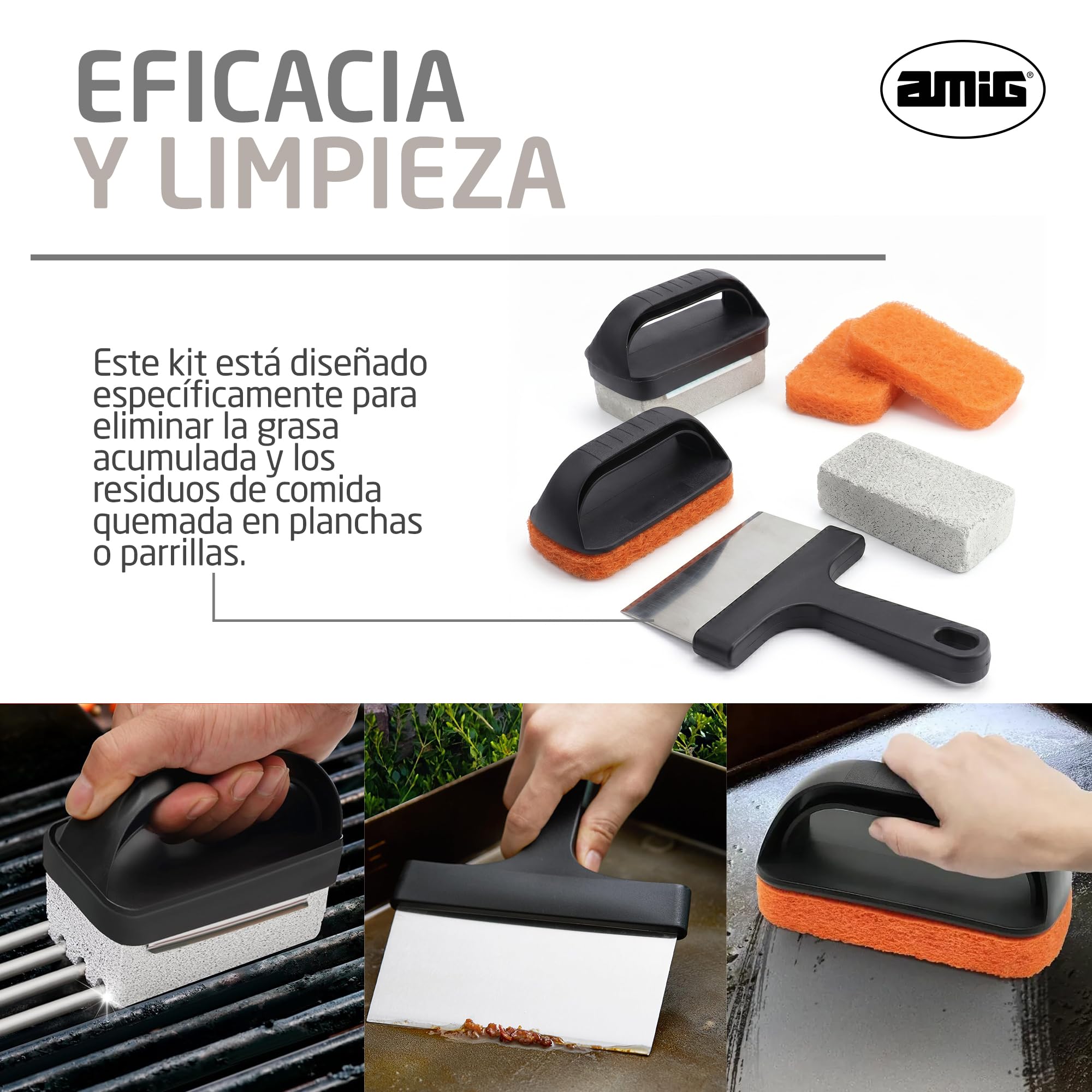 Amig - Kit 8 accessori pulizia barbecue AM22 - Raschietto 23 cm + 3 spugne in poliestere + 1 spugna in PP + 3 blocchi pulizia - Acciaio inox e polipropilene