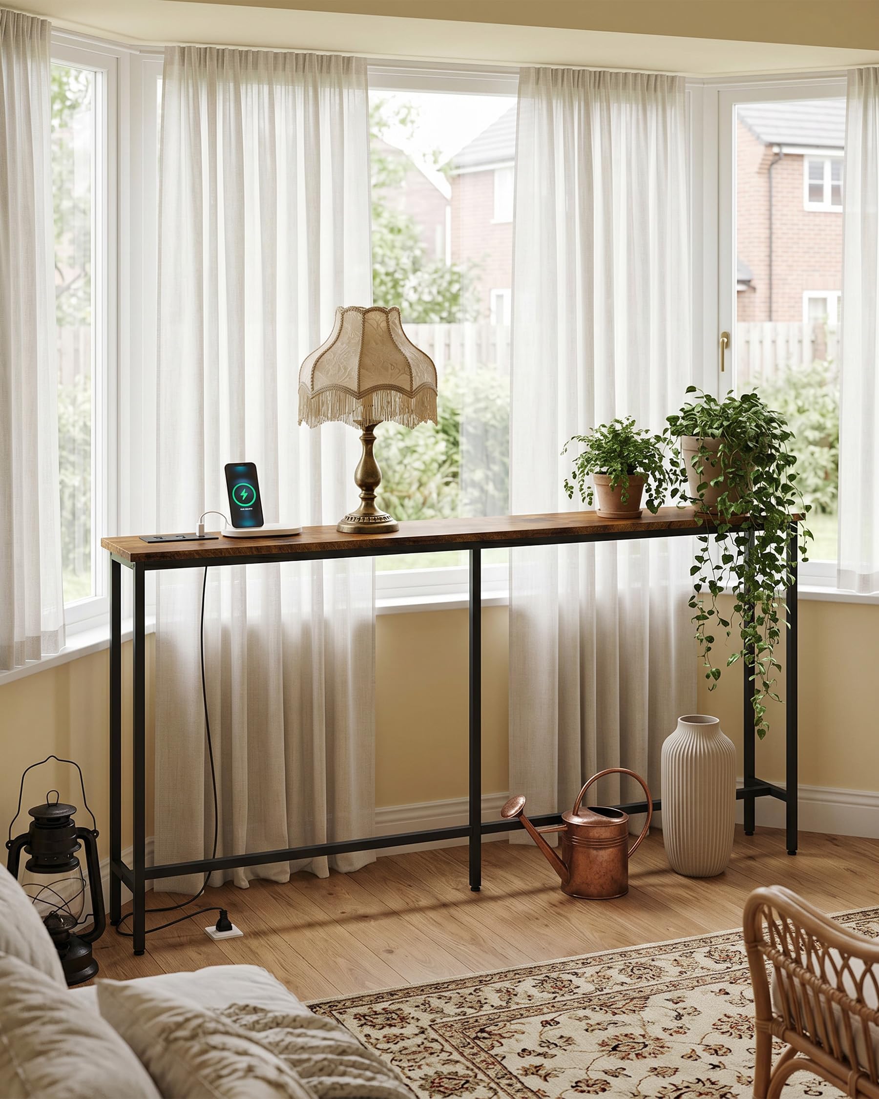Consolle Ingresso, Tavolino da Divano, Mobili Ingresso Moderno con 2 prese e 2 porte USB(160 x 20 x 80.5 cm)