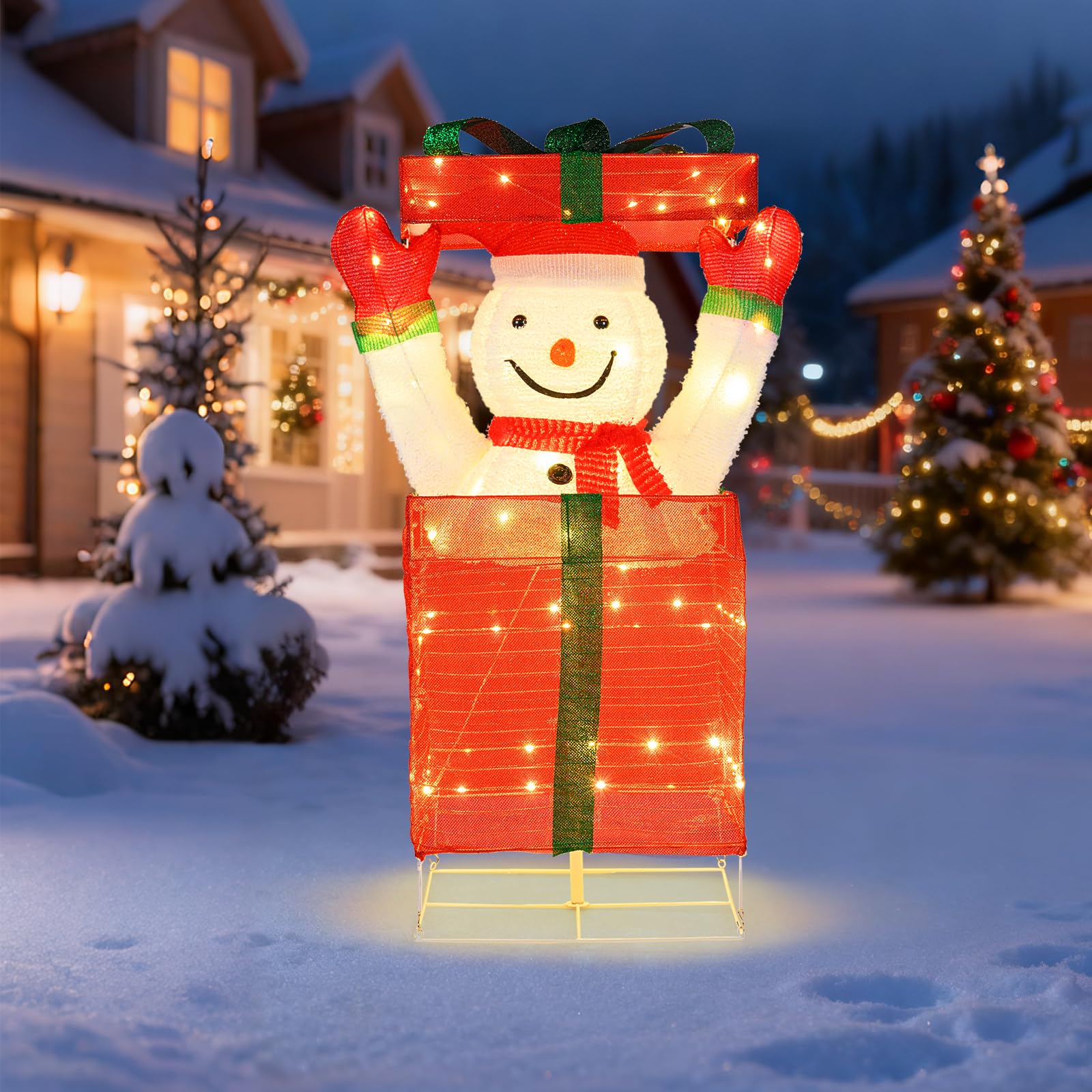 SOARS Decoration Noel, Bonhomme de Neige en Boite Cadeau 115 CM, 100 LED | 100 Lumières LED Blanc Chaud, Piquets & Attaches, Decoration Noel Exterieur Interieur Maison pour Salon, Cour, Jardin, Sapin