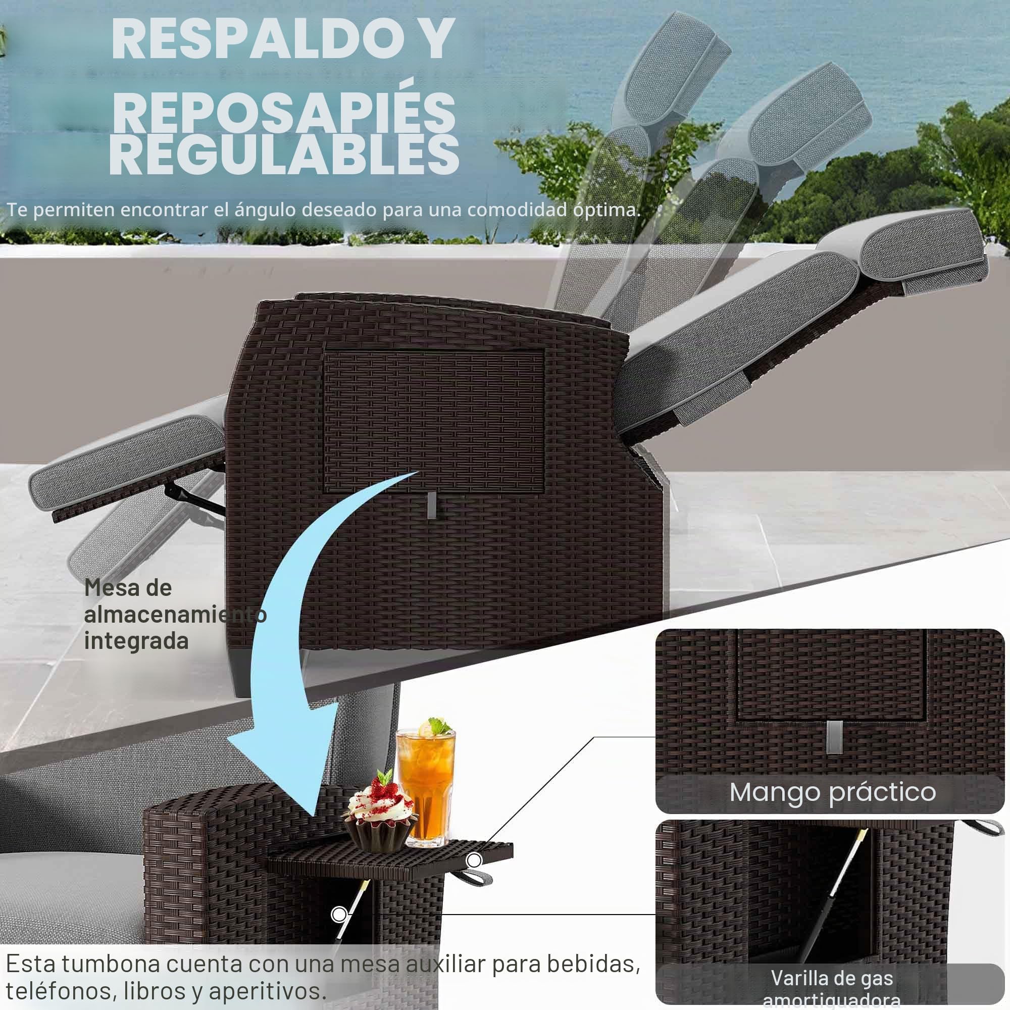 Fiutazge Tumbona de Ratán Respaldo Regulable con Cojín,Funda Protectora,Tumbona de Jardín,Fácil Limpieza Fundas Intercambiables,Silla de jardín,para Patio Terraza-Gris