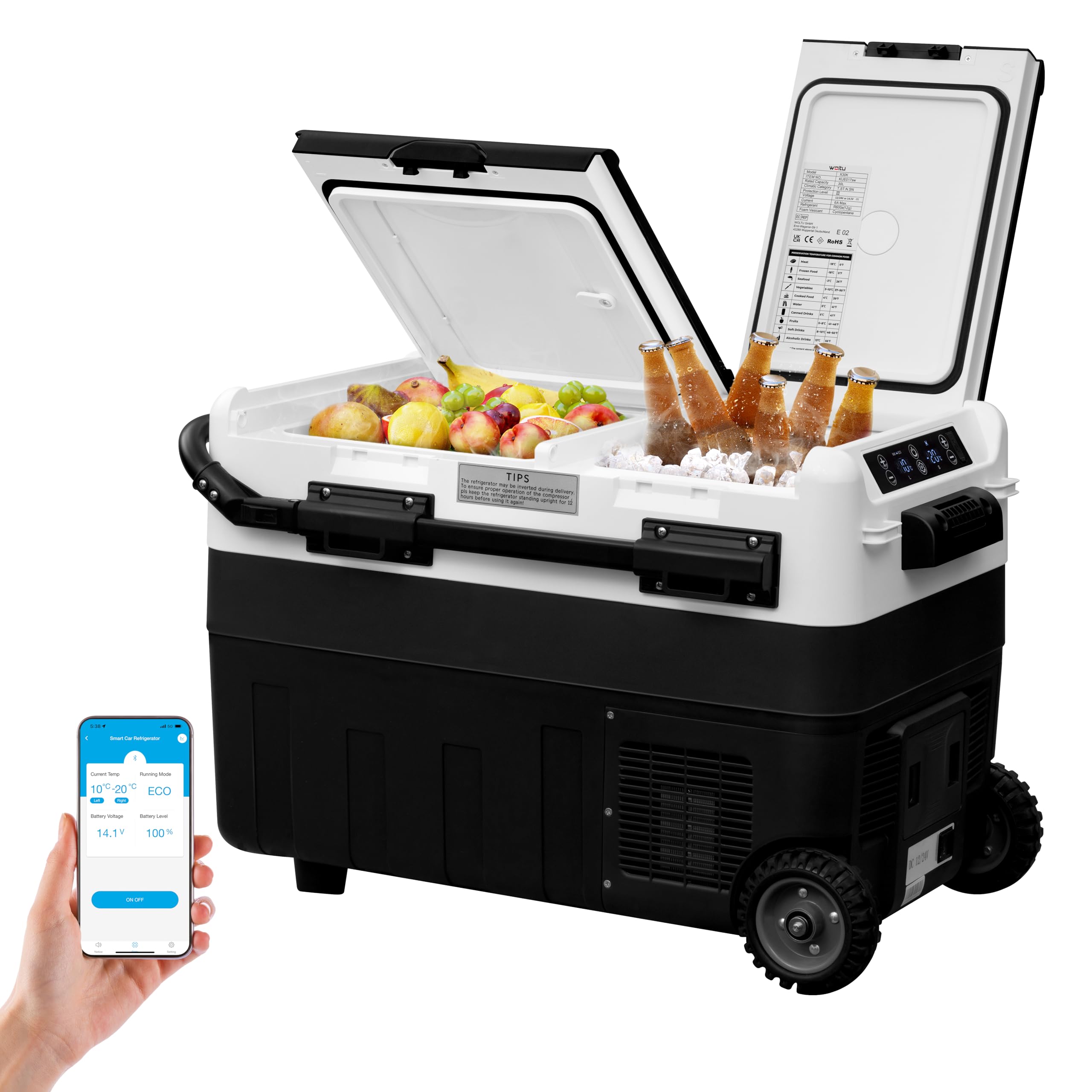 WOLTU Nevera Eléctrica para Coche 40L, Refrigerador Portátil Modo Eco, Congelador de Compresor DC 12/24 V, Mini Nevera Portátil para Camping, Viaje, Coche, Barco, Negro+Blanco