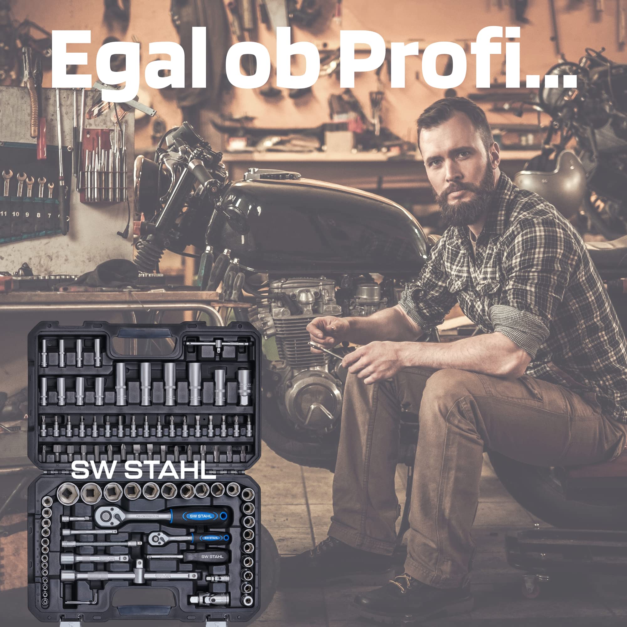 SW-Stahl 07797L 97-częściowy Zestaw Kluczy Nasadowych 1/4" i 1/2" | Profesjonalna walizka narzędziowa ze stali chromowo-wanadowej, 72 zęby, bity i nasadki sześciokątne w jakości przemysłowej