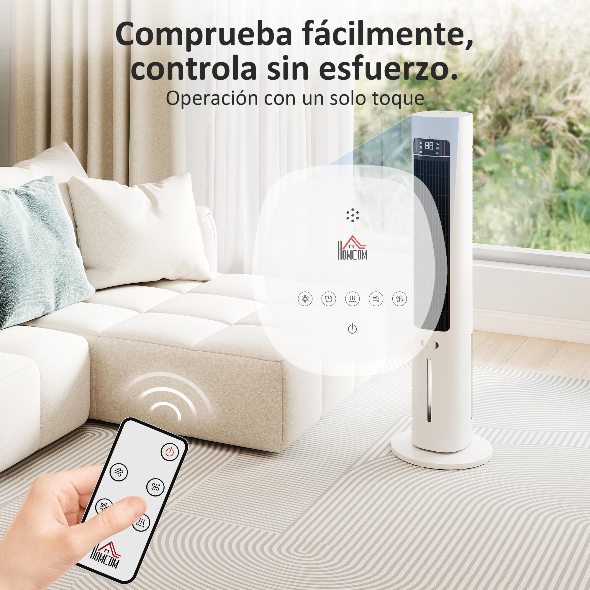 HOMCOM Climatizador Evaporativo de Torre 3 en 1, Enfriador de Aire Portátil con Depósito de 3 L, Oscilación 48°, 3 Velocidades, 3 Modos, Temporizador 12h y Mando a Distancia, 2 Acumuladores de Frío