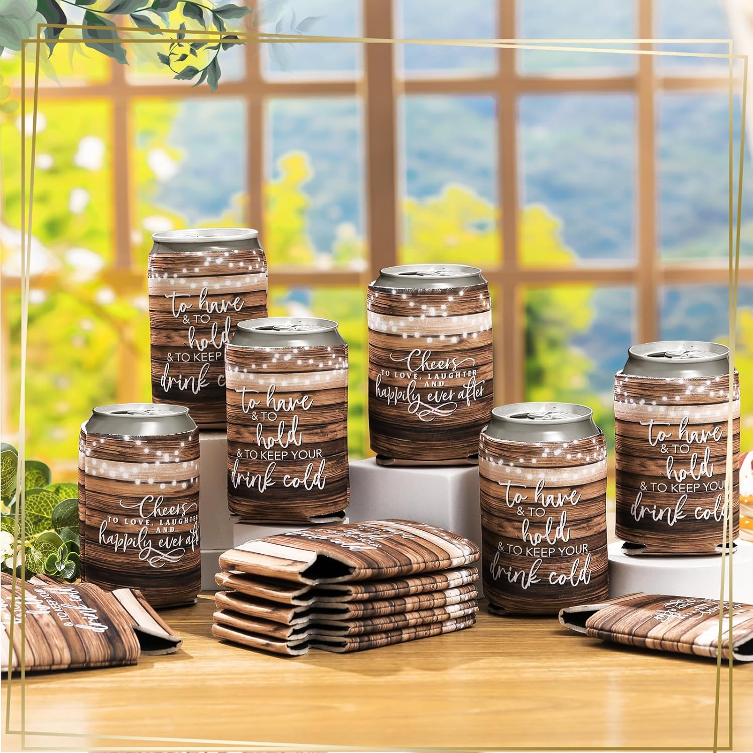 Qinyoung 50 Pieces Wood Grain Wedding Can Cooler Bulk Engagement Party Favors for Guests Cheers to Love and Happily Ever After Rehearsal Dinner Decorations for Wedding Bridal