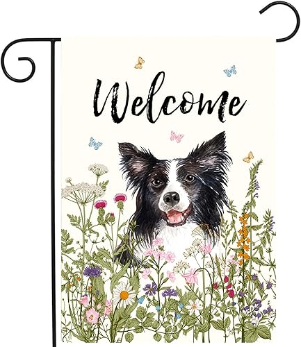 Bandera de jardín floral Border Collie para primavera, verano, bandera de jardín con flores para perro, banderas de jardín para exteriores, pequeñas