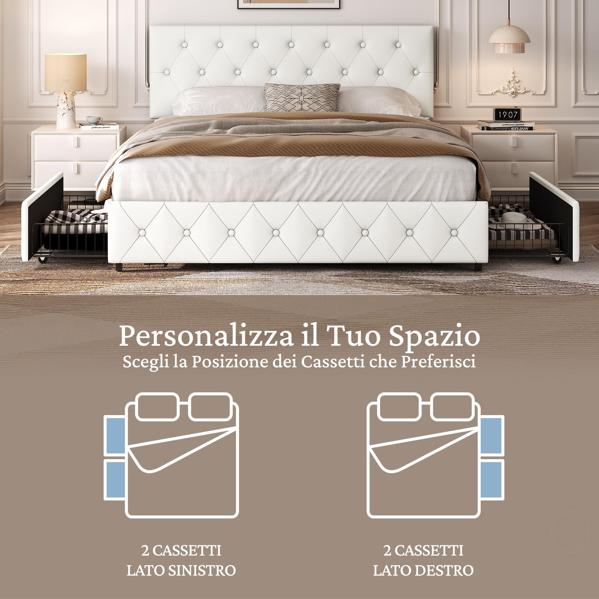 Yaheetech Letto Imbottito Matrimoniale 2 Cassetti (Bianco, 160 x 200 cm) | Letto Contenitore Doghe Legno Testiera Regolabile Camera da Letto Moderno