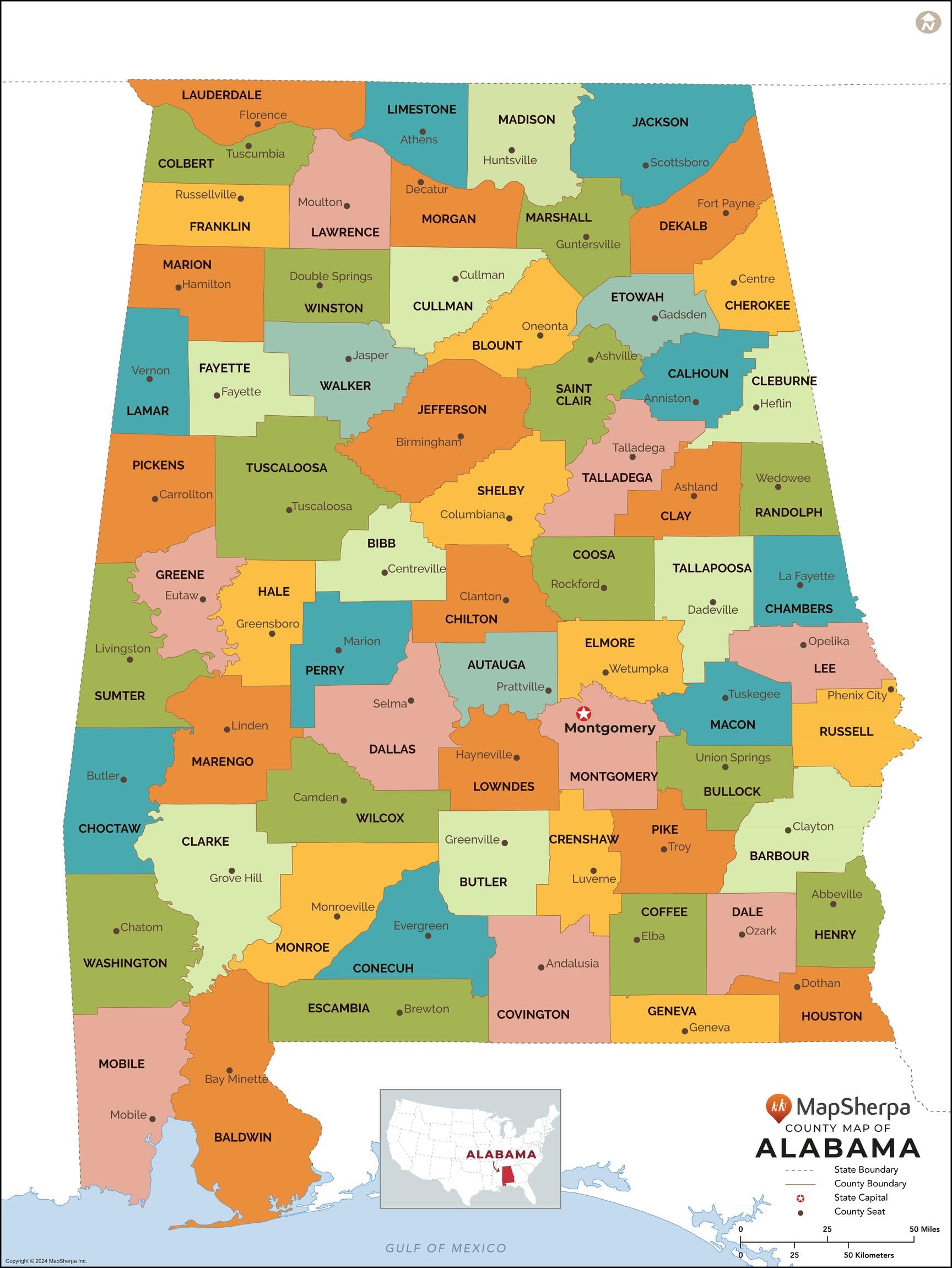 Alabama Counties Map - Standard - 48 x 36 inches - Front Lamination