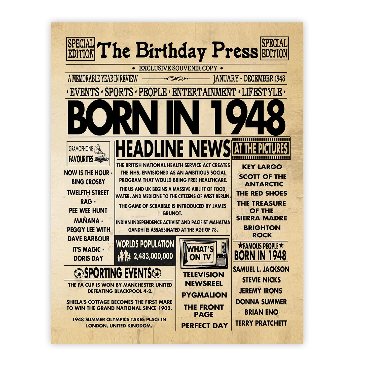 Stuff4 78th Birthday Poster Unframed, Born In 1948 Newspaper