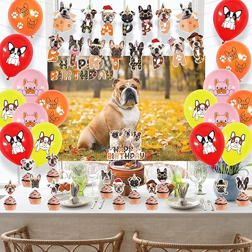 Miniatura 8 de ADIANZI Decoración de fiesta de bulldog francés inglés regalo de fiesta incluye 32 x 49 pies de tela de fondo para fotografía bonita pancarta