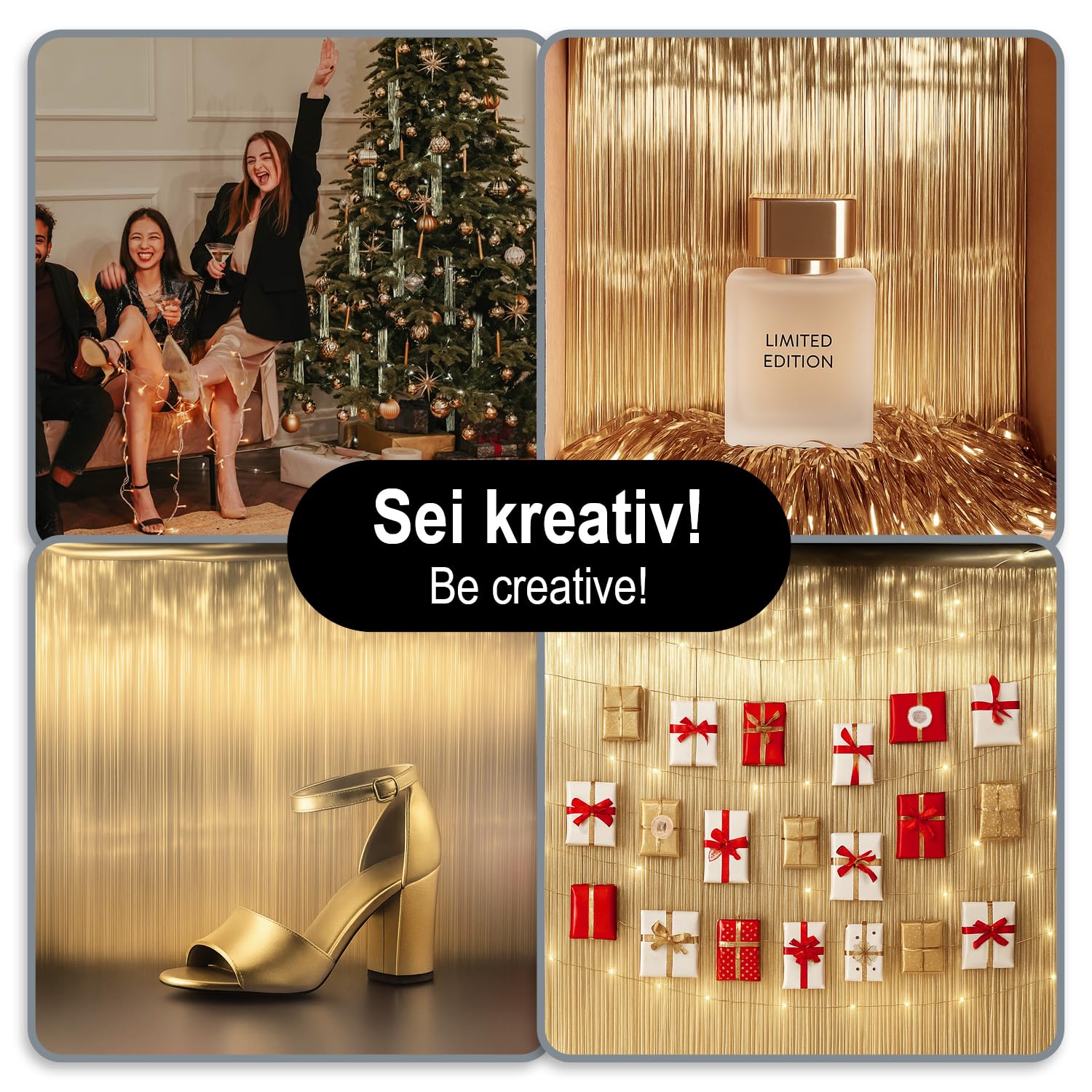 COM-FOUR® 5x girlanda z cekinów - w kolorze szampanskim na Boze Narodzenie - ozdoba choinkowa na choinke - zaslona z cekinów z gladkimi nitkami (Premium w kolorze szampanskim - 5 sztuk)