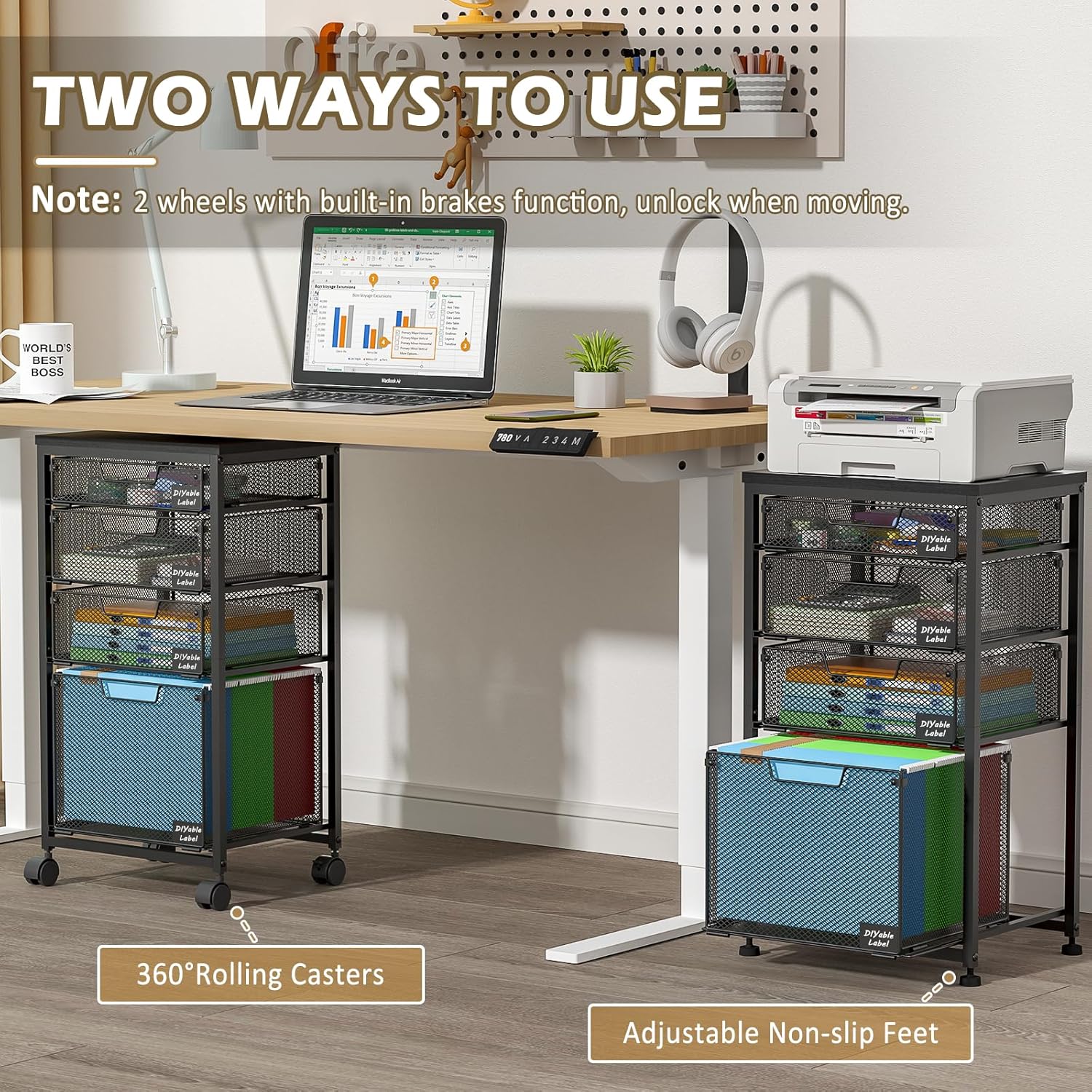 Rolling File Cabinet Cart, Hanging File Organizer Box with Lid for Home Office, Small Filing Cabinet on Wheels Under Desk