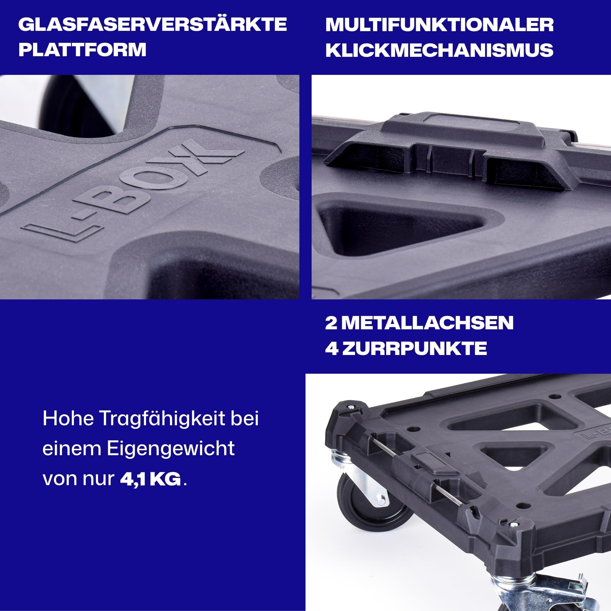 L-BOXX Roller Transportwagen für Werkzeugkoffer bis 200kg mit Bremse, mobil | für L-BOXX G und G4, XL-BOXX und L-BOXX Contractor, bis 200kg, 4x100mm Lenkrollen, 2 Bremsen, 559x432x170mm, 4 Zurrpunkte