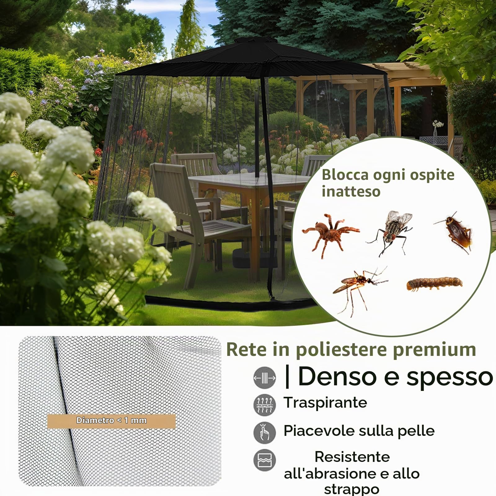 Zanzariera per Ombrellone da Giardino, dellyy 2.3 * 3M Ombrellone da Giardino Zanzariera, Gazebo Zanzariera da Esterno Giardino, per padiglione da Padiglione, Pergolato, Terrazzo, Balcone