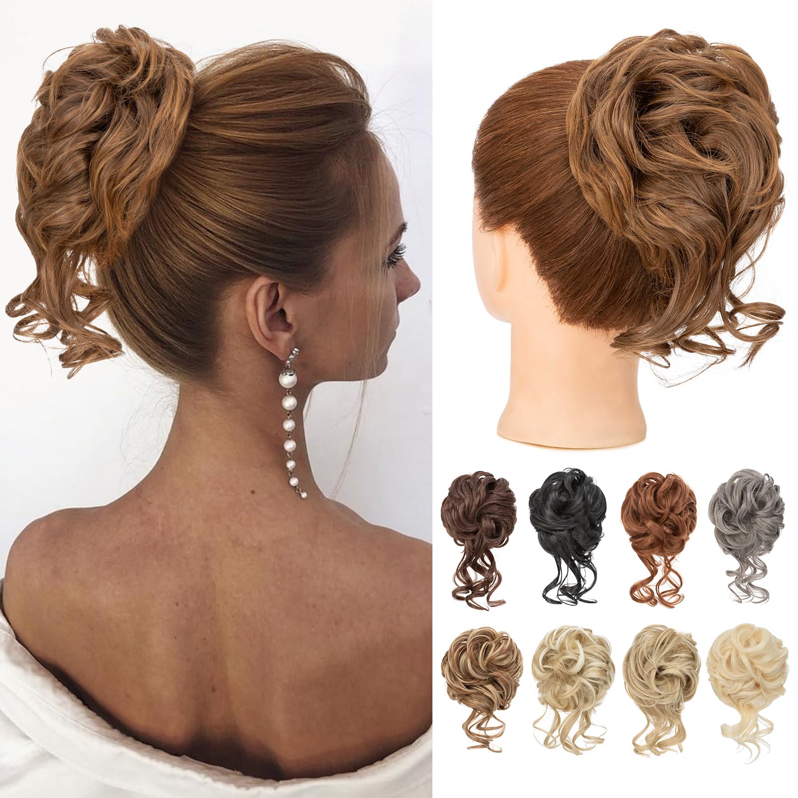 Benehair Messy Bun Hair Piece Wavy Curly Claw Clip Hair Bun Extensions Synthetic Hair Bun Donut Accessories Scrunchies Hair Pieces for Women(Dark Brown mix Middle Brown
