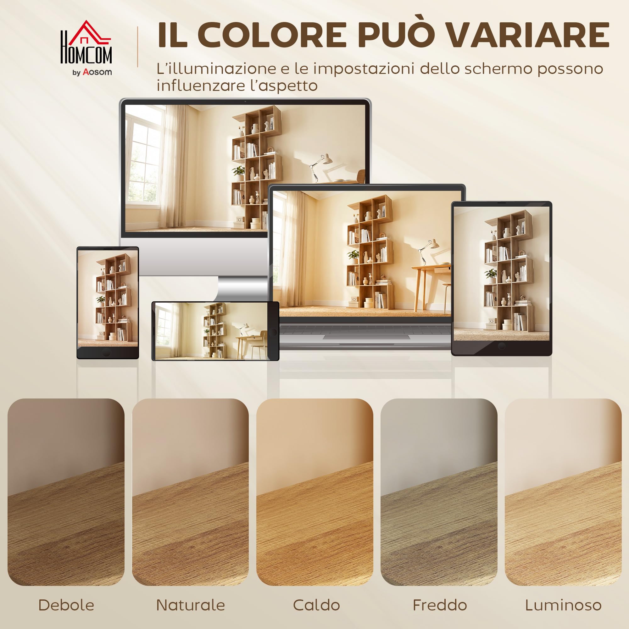 HOMCOM Libreria Scaffale a 5 Ripiani in Legno a Forma di S, Libreria Verticale Salvaspazio con 15 Compartimenti, Scaffale Portaoggetti per Soggiorno, Camera da Letto e Ufficio, Rovere