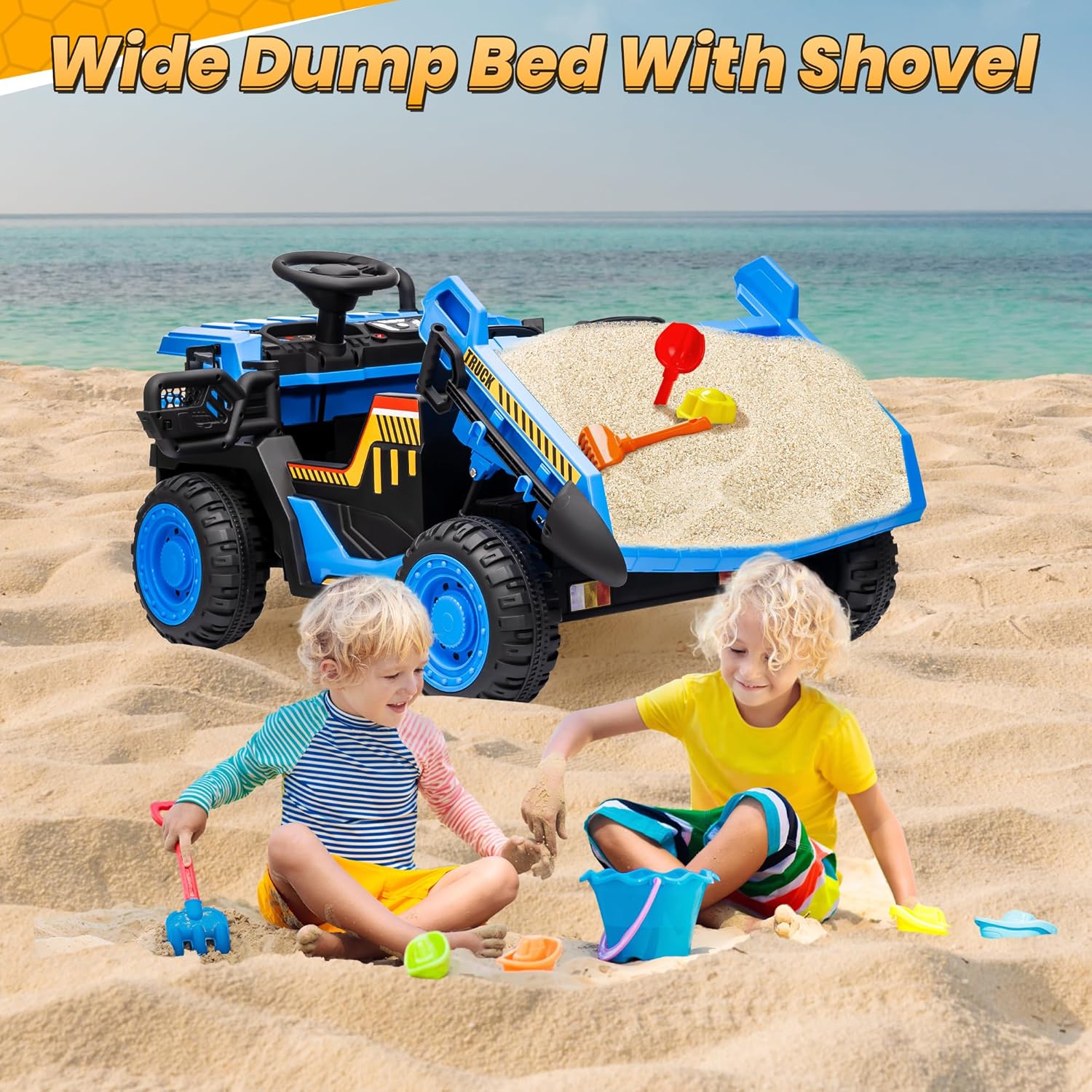 Two children playing in sand with the JOYRACER dump truck, demonstrating its wide dump bed and included shovel.