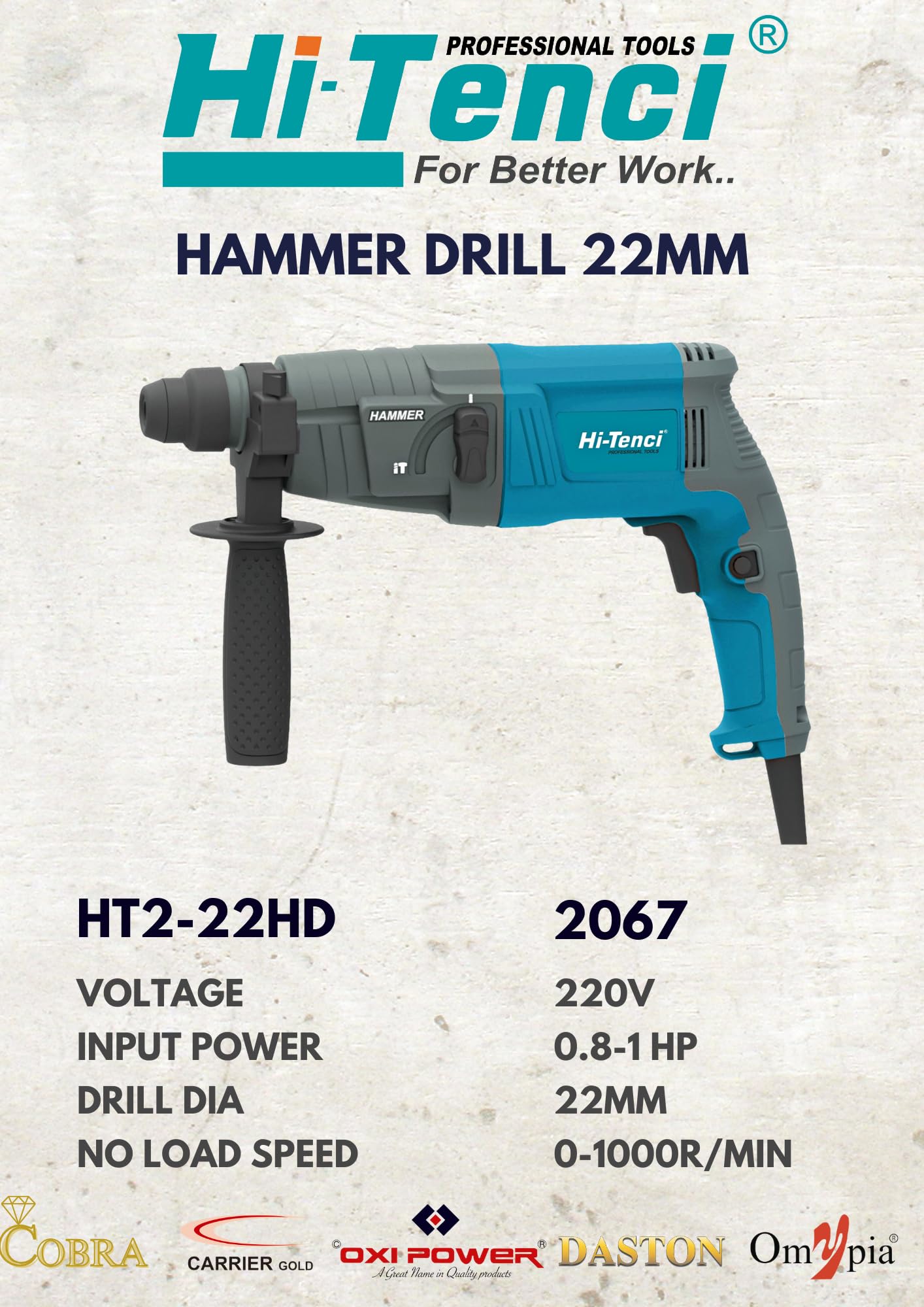 Hi-Tenci Hammer Drill HT-1000W, Heavy Duty, 22mm, with 3 SDS Drill