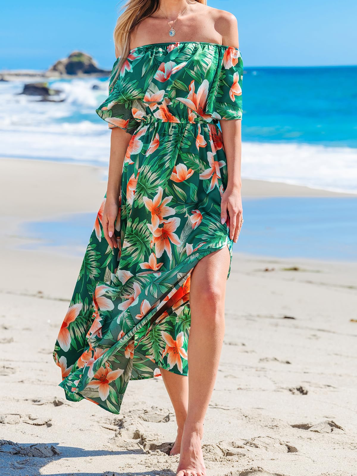 CUPSHE Abito Estivo da Donna Spalle Scoperte con Maniche Corte Volant Stampa Tropicale Maxi Dress