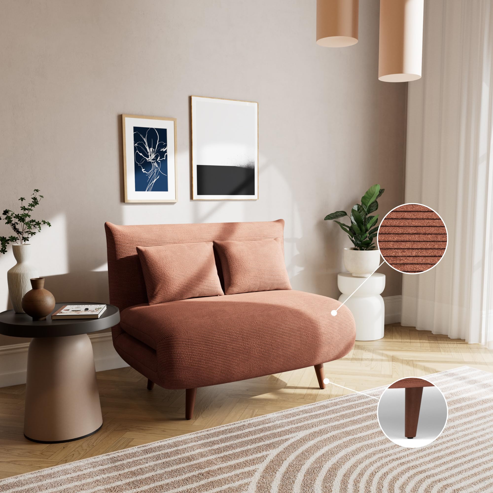 Bestmobilier Lumi Banquette Convertible clic clac 1 Place - Velours côtelé | Terracotta, couchage quotidien, petit canapé convertible design pour salon, chambre ou studio