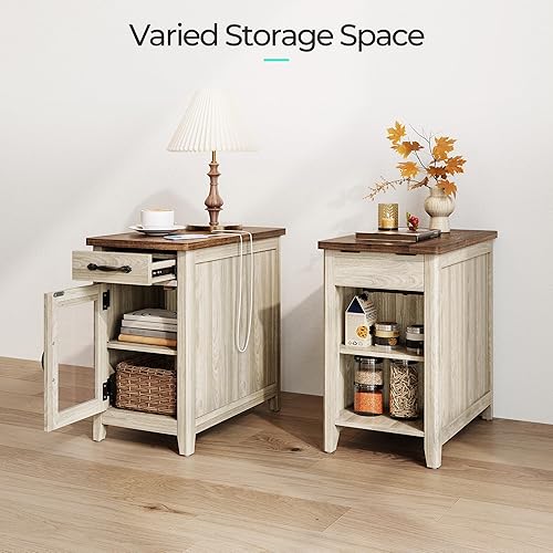 Miniatura 7 de LINSY HOME Juego de 2 mesas auxiliares con estación de carga, moderna mesa auxiliar de sofá de granja, mesita de noche de madera para sala de estar,