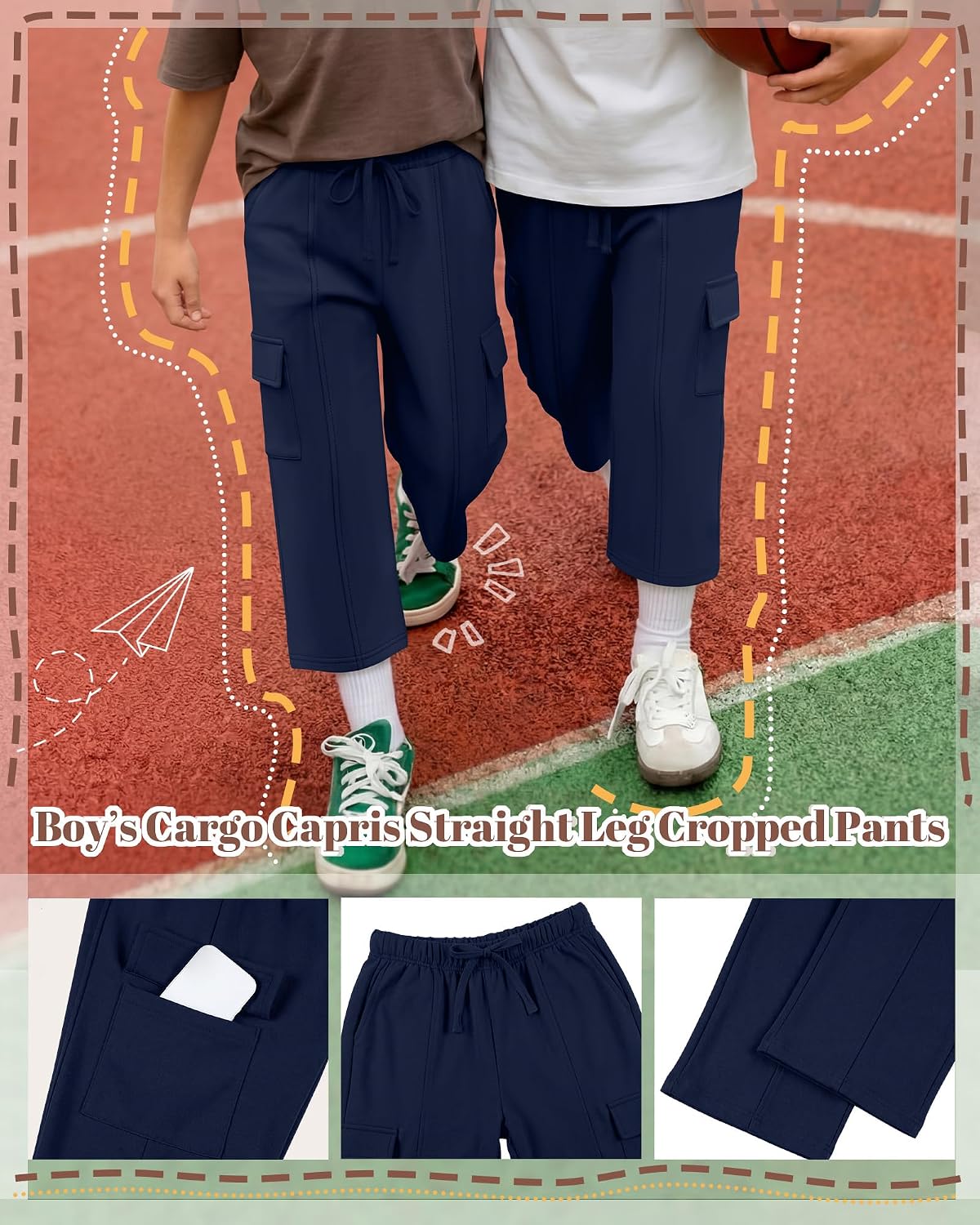 Boy's Cargo Pants Capris Straight Leg Sweatpants with Multi Pockets Elastic Waist Casual Trousers 6-16 Years