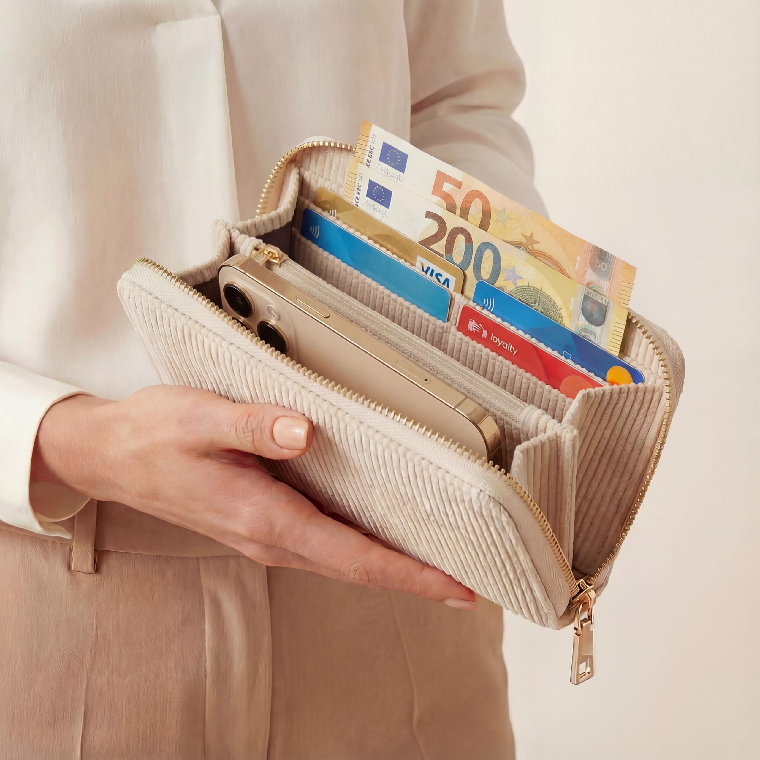 MillyMilk Fondo Large Damen Cord Geldbeutel Portemonnaie Vegan viel Platz Karten Münzen Scheine Reißverschluss Organizer BEIGE