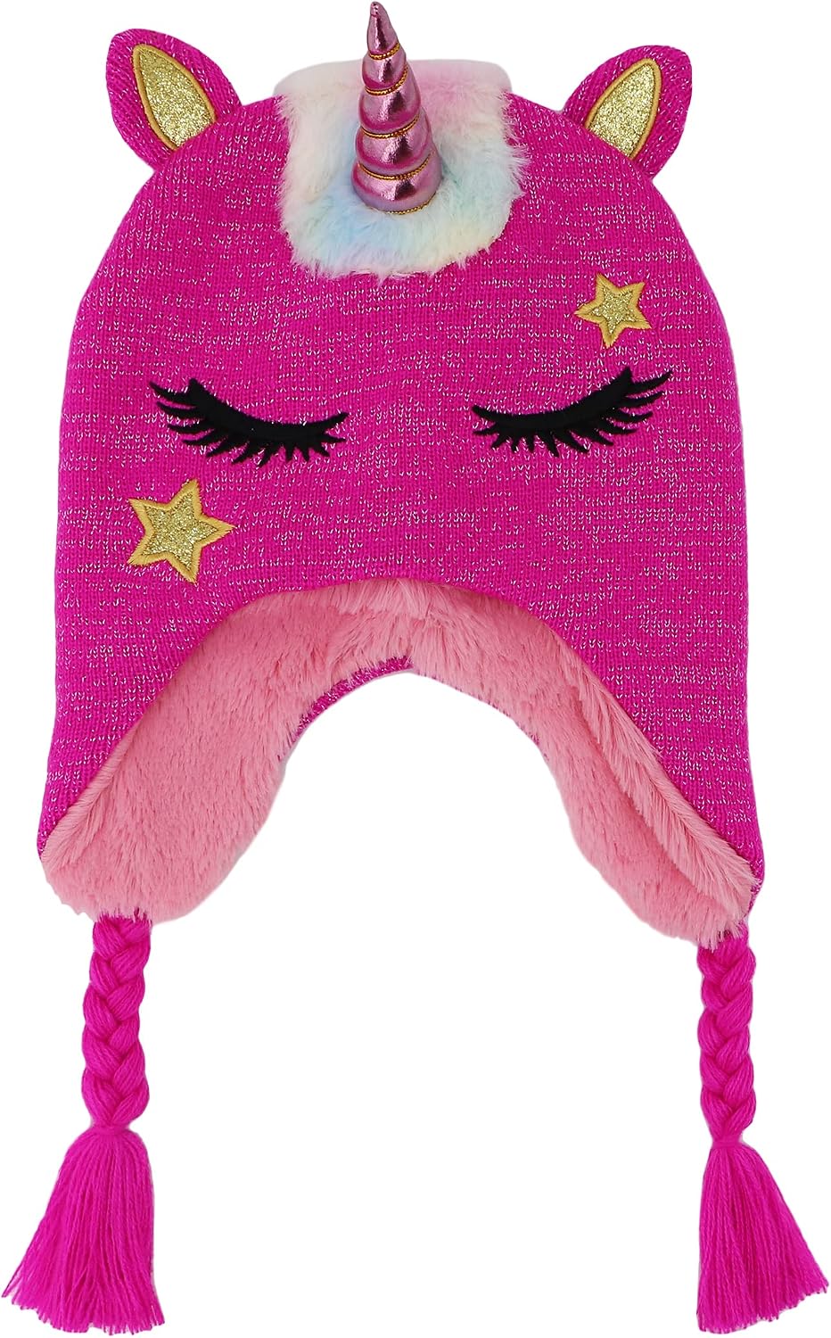 Kids Girls Cute Glitter Unicorn Beanie Winter Hat and Glove Set Knitted Earflap Cap Flip Top Mitten Set