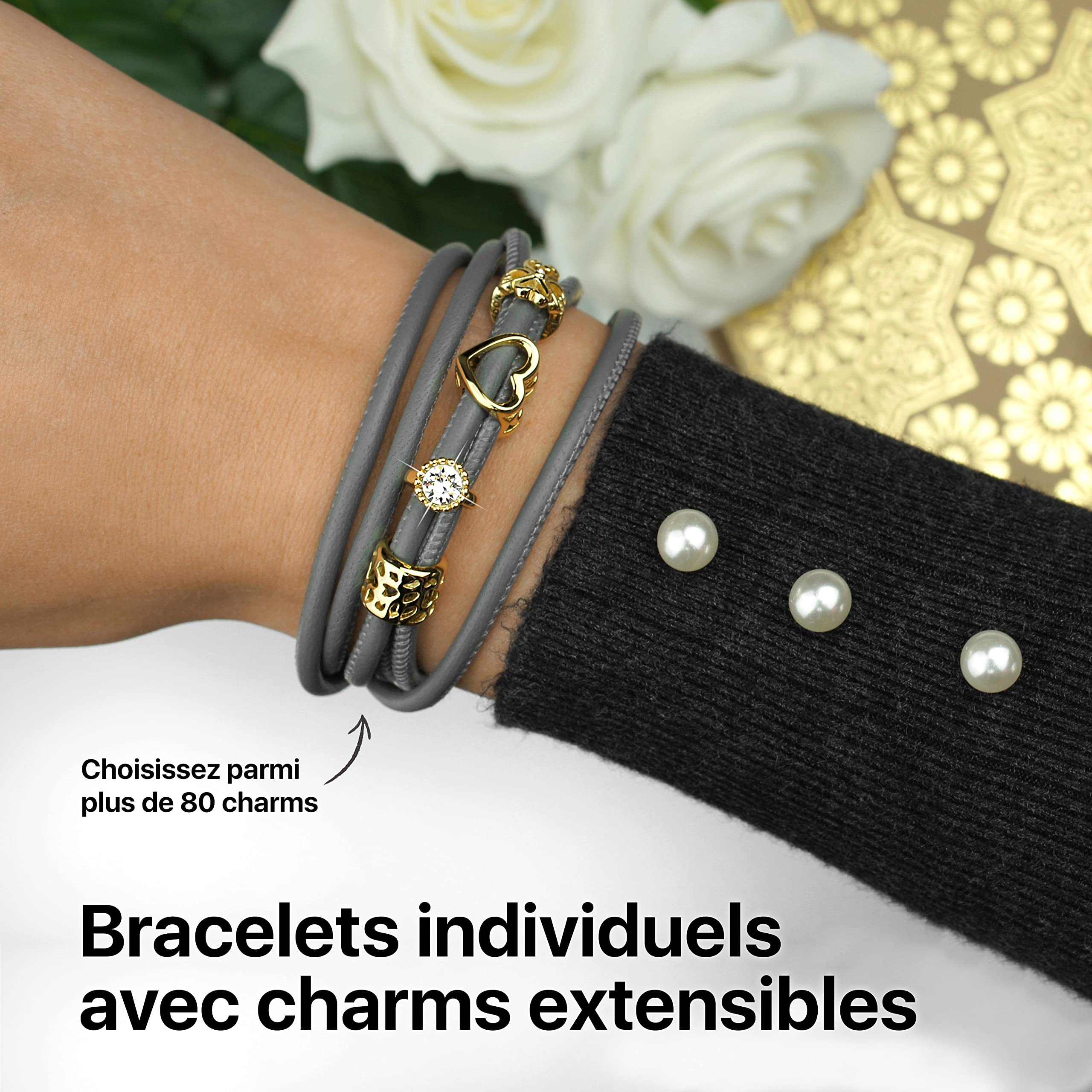 CHAMOON® Bracelet Cuir Femme Véritable Premium | Fermeture Magnétique en Acier Inoxydable | Extensible avec des Charms
