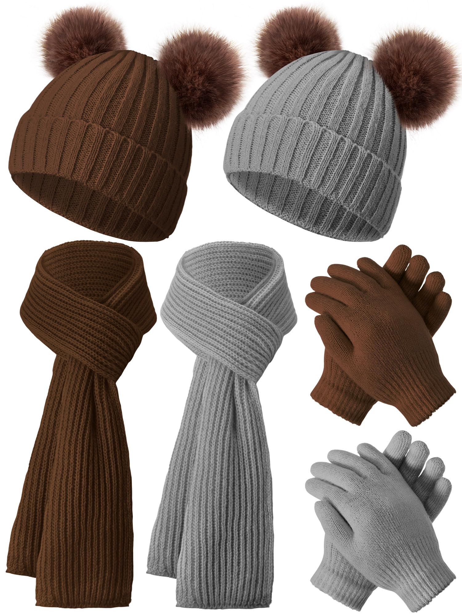 JaGely 2 Sets Kids Winter Hat Gloves Scarf Set Girls and Boys Knit Hat with Pom Warm Scarf Snow Gloves for 3-10 Years Toddler
