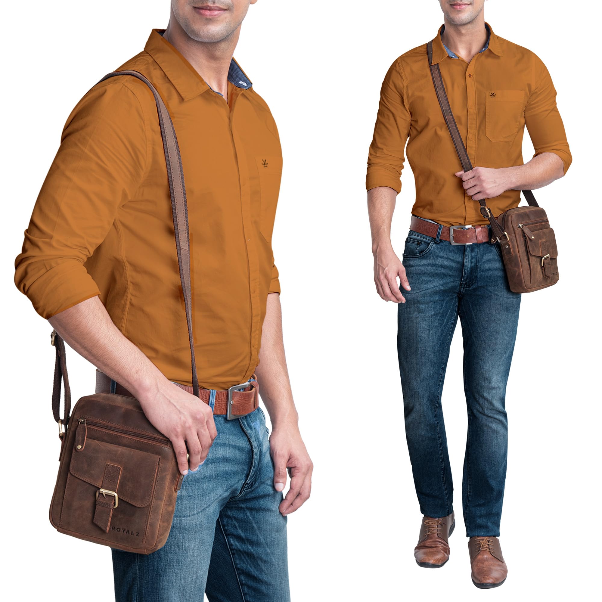 ROYALZ "Knoxville kleine Ledertasche Herren Vintage Männer Umhängetasche Mini Messenger Bag Schultertasche klein;Farbe:Roma Cognac Braun