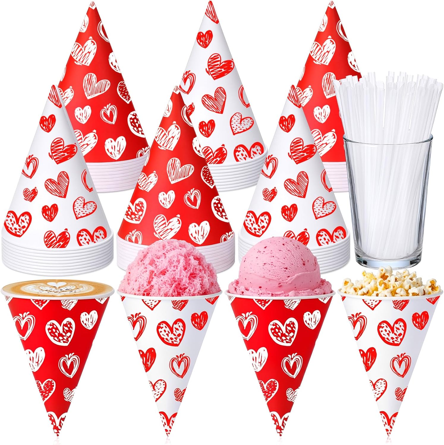 Honeydak 50 Set 6 oz Mother's Day Snow Cone Cups and Spoon Straws Red and White Heart Paper Cone Cups Summer Party Supplies for Shaved Ice Cream Slush Sorbet Treats