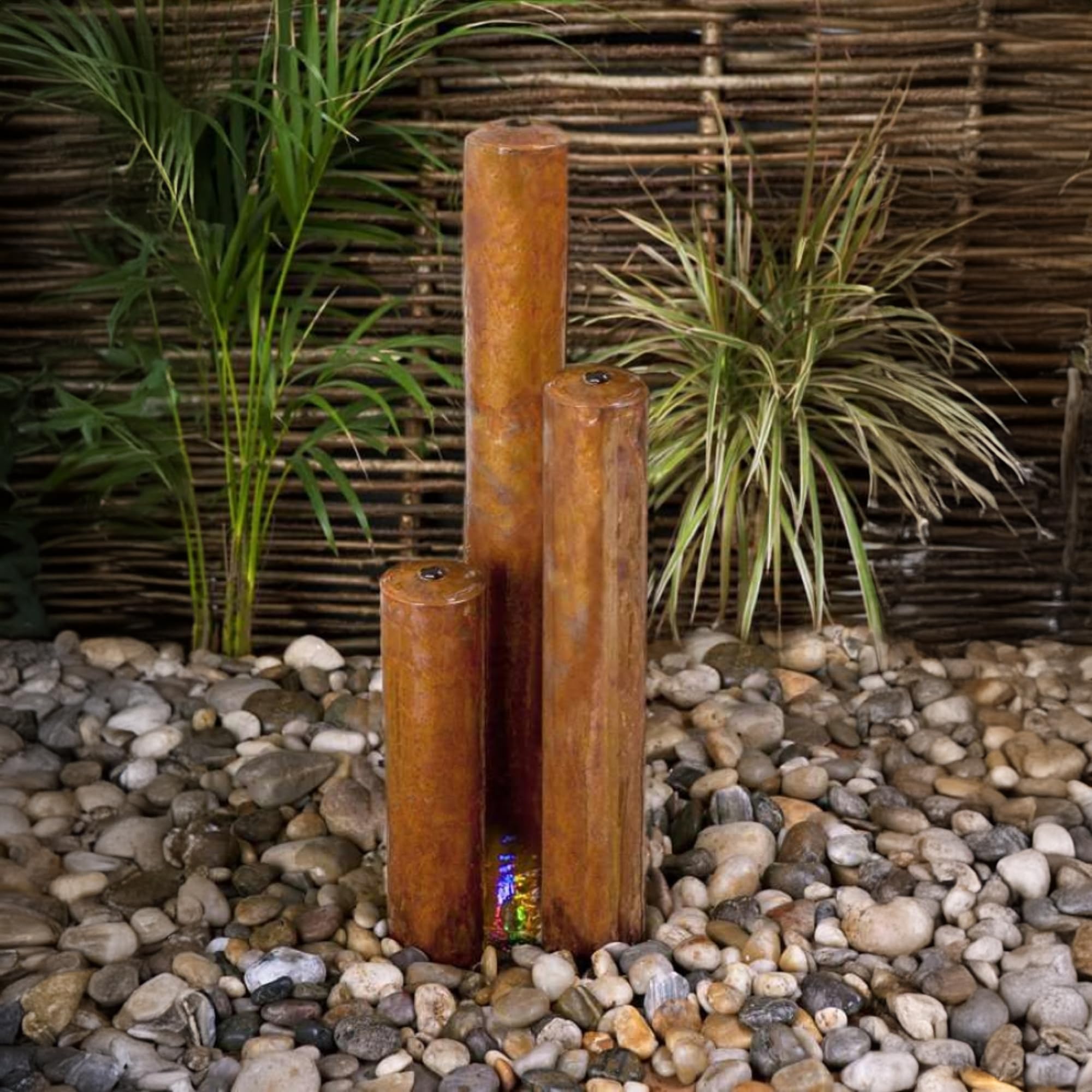 Primrose Brown 137Cm Corten Steel Rust Effect 3 Tiered Tubes Outdoor Garden Water Feature With Led Lights