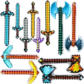 KIMOBER 12 Pack Pixel Inflatable Weapons,Multiple Large Bomb Sword Axe and Pickaxe Toy,Fun Reusable Party Pool Weapons Bulk Toys Kids Gifts