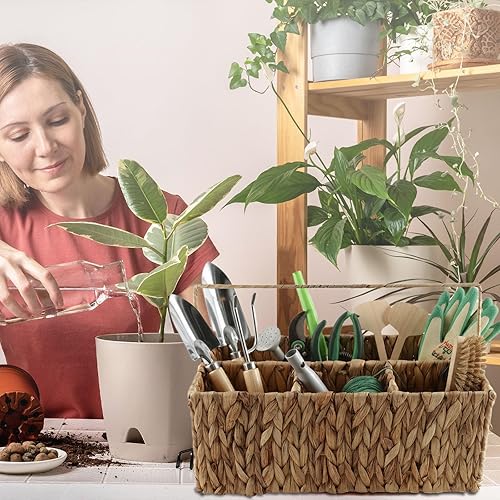Miniatura 6 de Cesta tejida para herramientas de jardín, organizador de herramientas de jardín con asa, cesta de almacenamiento de mimbre con 4 compartimentos,
