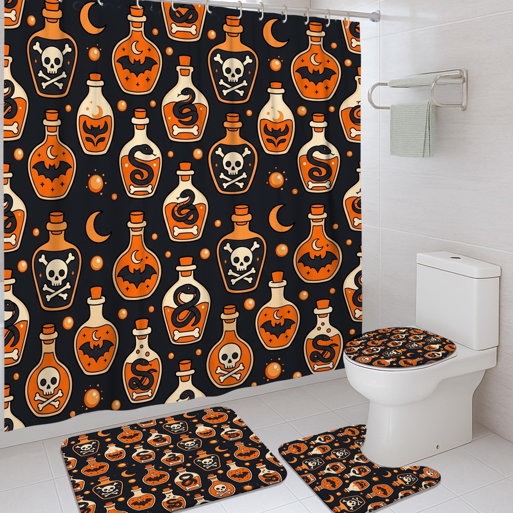 Rideau de douche motif crânes et serpents imperméable noir pour baignoire