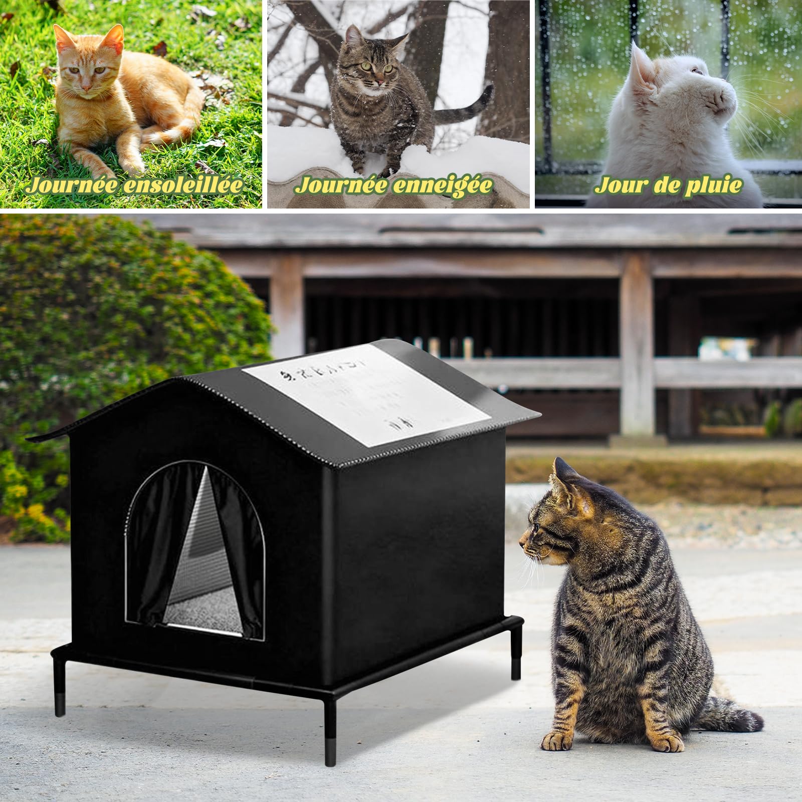 Milageto Maison pour Chat pour l'Extérieur, Abri Imperméable et Isolée pour Chats Strays pour l'Extérieur, Lit pour Chien Confortable et Douillet, Cabane Imperméable pour Porche de Grange, Noir, S