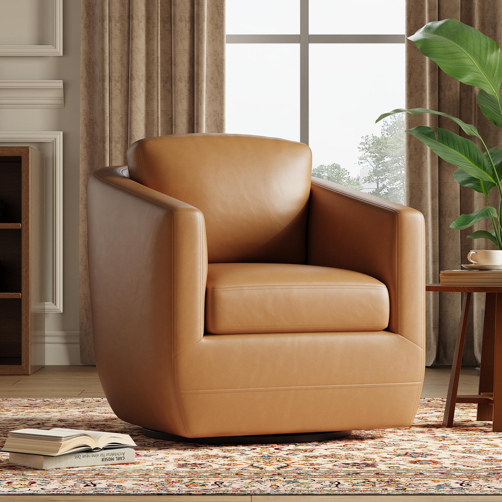 Detailed product dimension diagram of the COLAMY Swivel Accent Chair with measurements and weight capacity