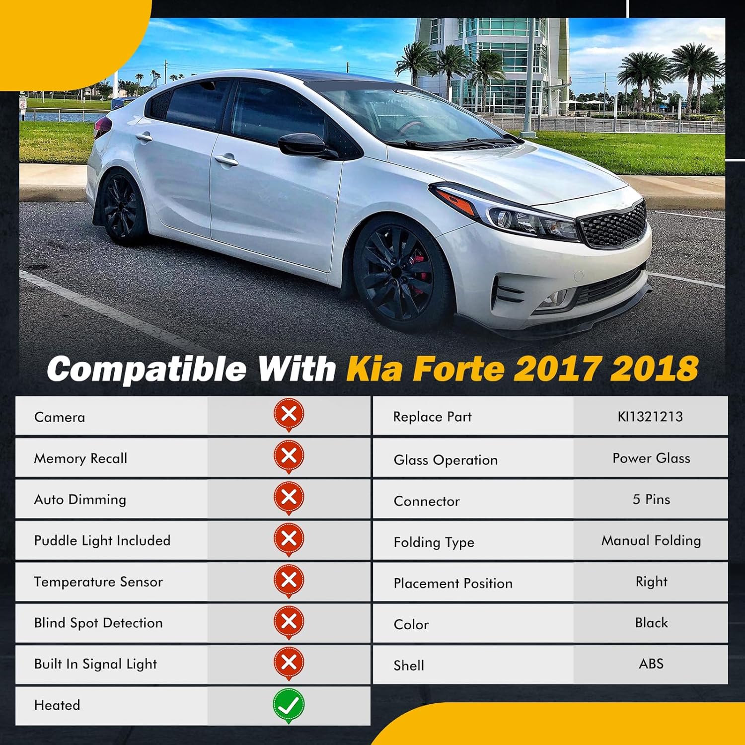 Side Mirror Compatible with Kia Forte 2017 2018 SX/S/EX/LX Rear View Mirror w/Heated/Manual Folding/Power Glass,Replace KI1321213(Right Passenger /5pins)