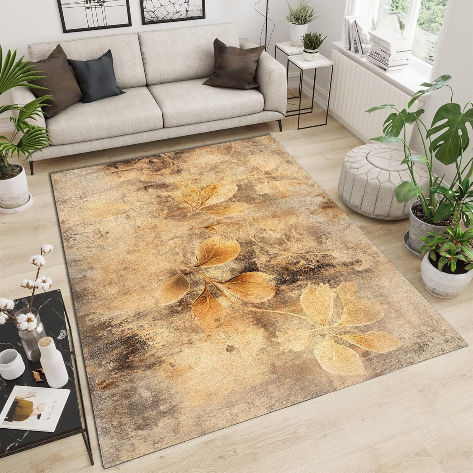 Tapis de salon poils ras 200x300cm motif feuilles anti-glisse