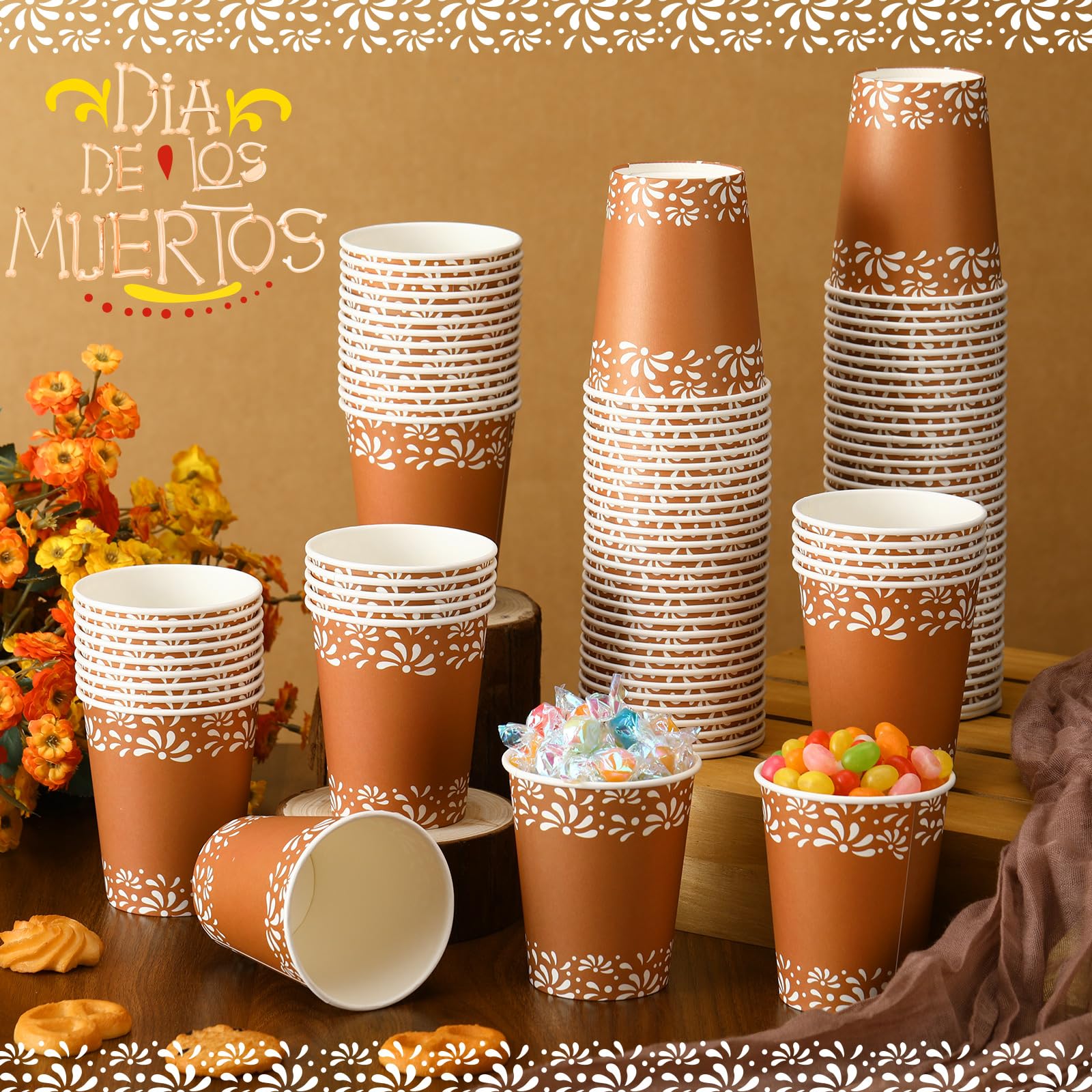 100 Pcs Copas De Barro Mexicanas Cielito Lindo Party Decoration Mexican Dinnerware Terracotta Flower Clay Disposable Paper Cups for Birthday Wedding Party Supplies Decoration(White Flower)