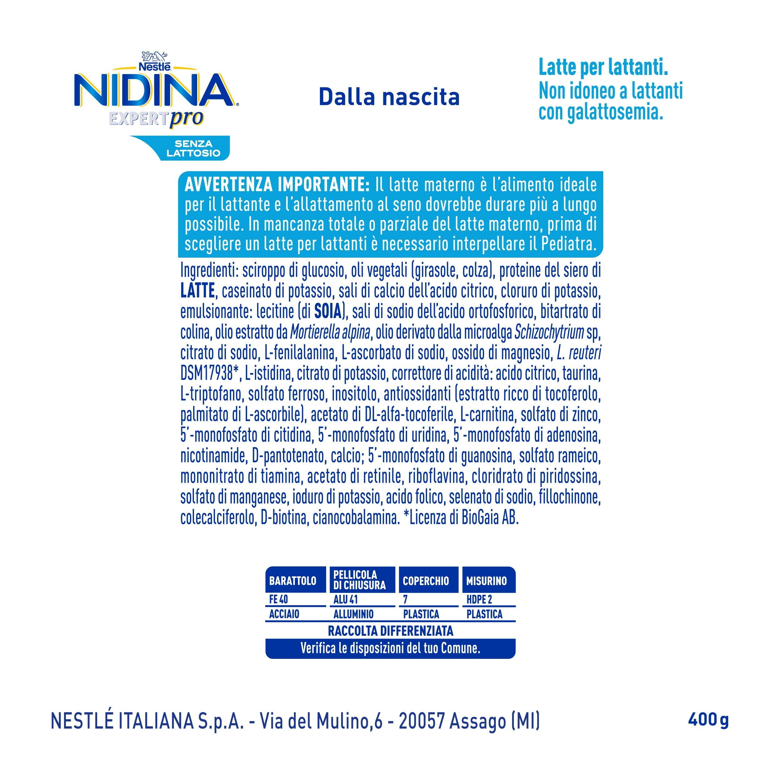 NIDINA EXPERT Pro Senza Lattosio Latte per Lattanti Polvere, Latta 400g