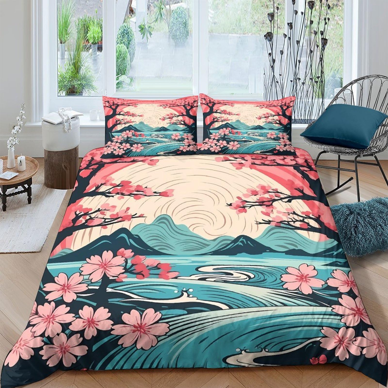 Ctjqhvkz Style-2 3D Printed Sakura Mountain Fitted Sheet Microfiber Soft Breathable River Landscape Mattress Cover Bedroom Decor Single（135X200cm）