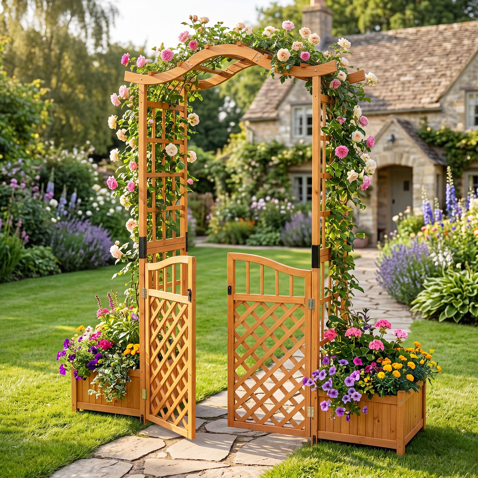 COSTWAY Arco da Giardino con Fioriere, Letto da Giardino Rialzato con Traliccio, Tetto, Fori di Drenaggio, Fondo Rimovibile e Cancelli Chiudibili, Pergolato da Esterno in Legno per Feste e Matrinomio
