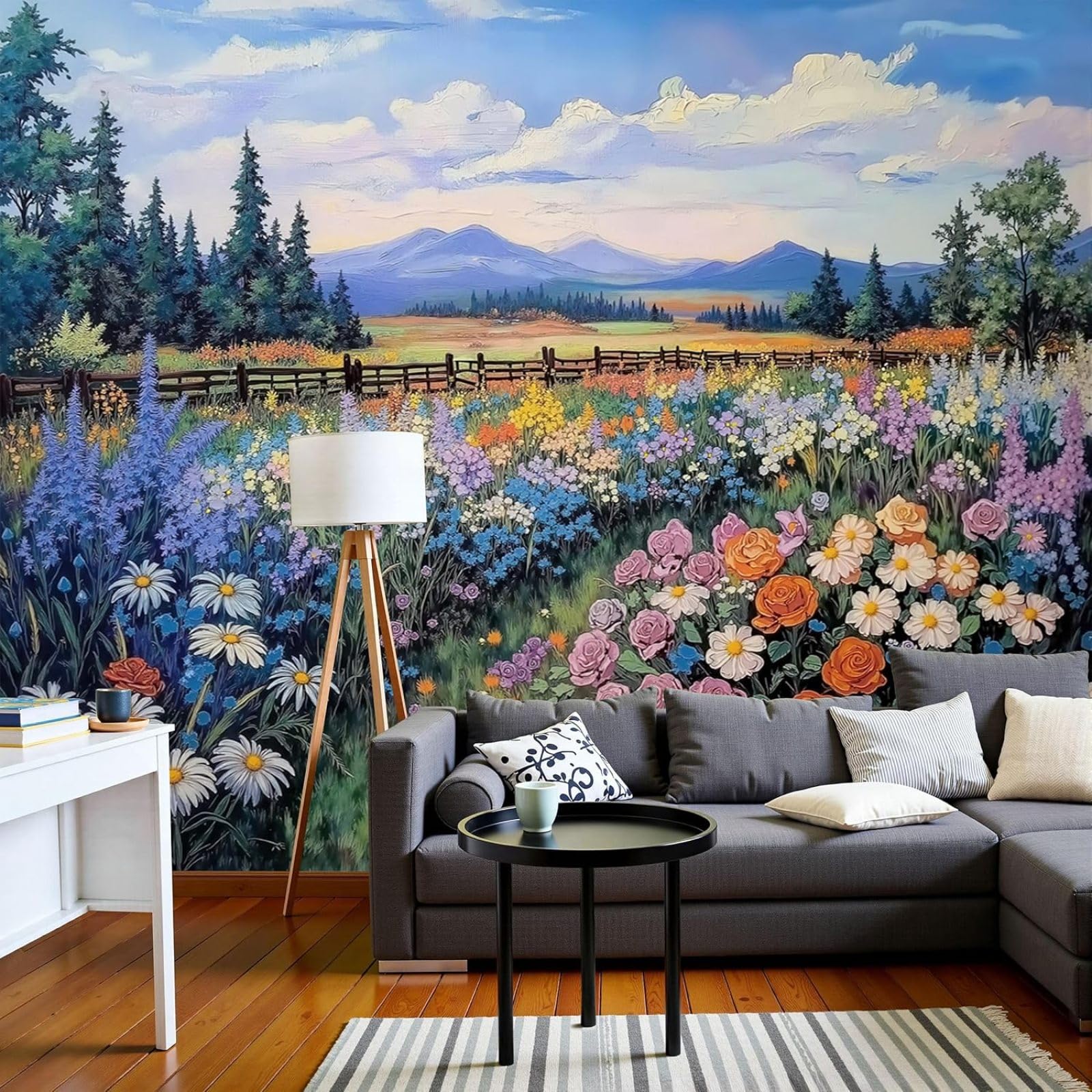 3D Effect Photo Wallpaper Abstract Oil Painting Non-woven Poster Blooming Wildflower Fields Photo XXL Green Wall Mural Living Room Bedroom Picture Wallpaper, 250cm x 175cm Stickers - Frameless Paintin